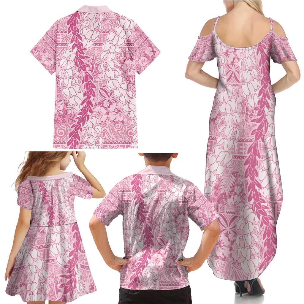Pink Puakenikeni and Maile Lei Family Matching Summer Maxi Dress and Hawaiian Shirt Hawaiian Style Tribal Tapa Double Strand Lei LT9 - Polynesian Pride