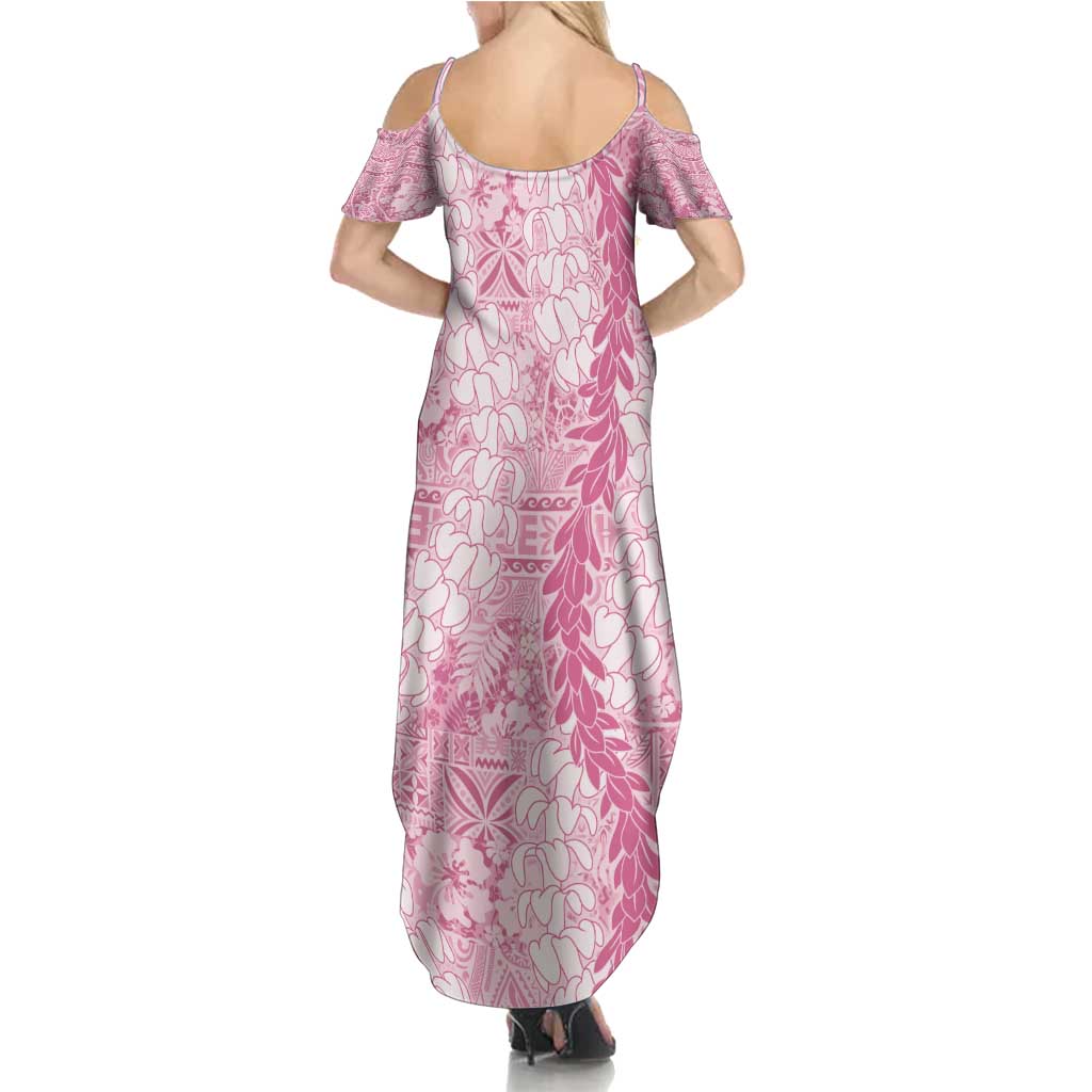 Pink Puakenikeni and Maile Lei Family Matching Summer Maxi Dress and Hawaiian Shirt Hawaiian Style Tribal Tapa Double Strand Lei LT9 - Polynesian Pride
