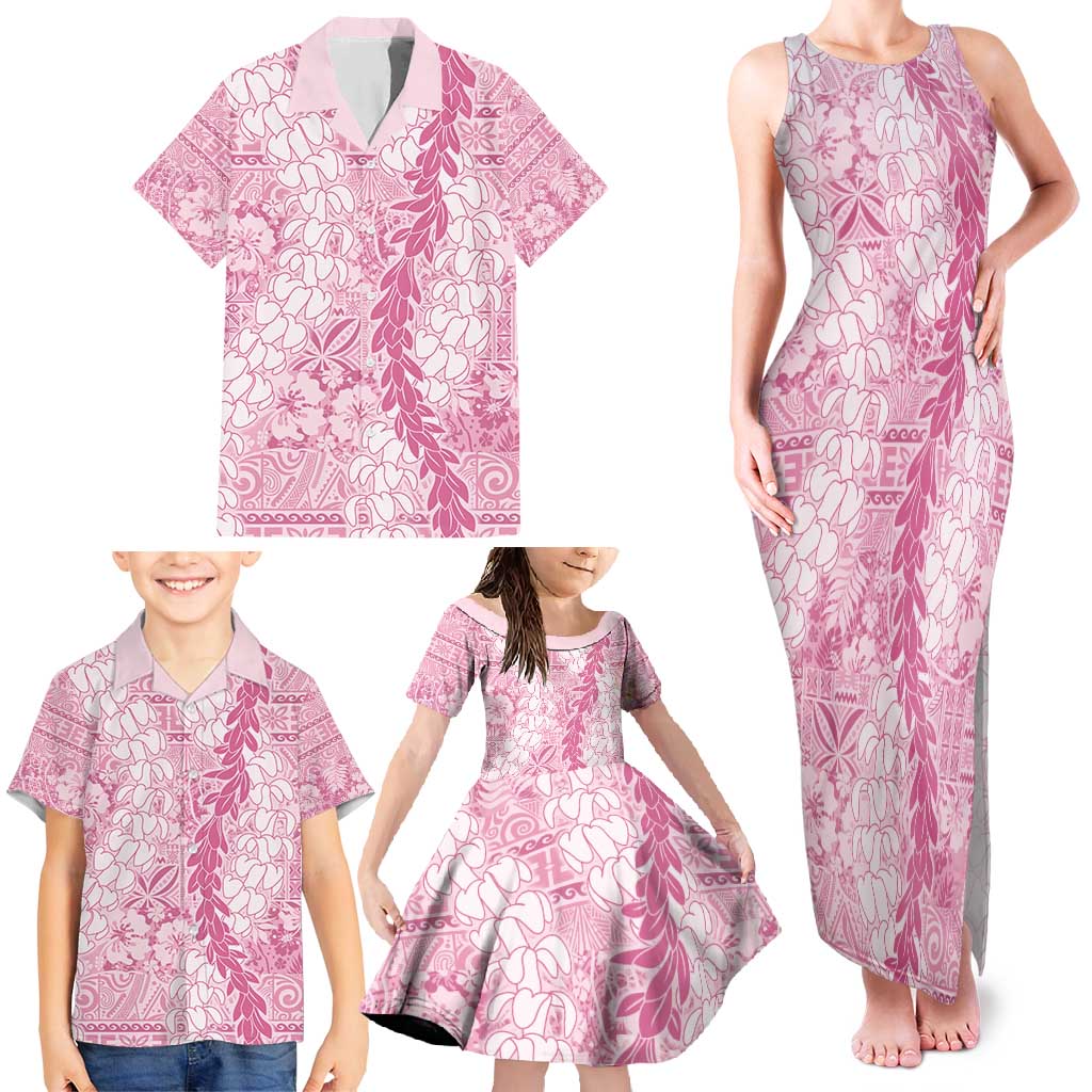 Pink Puakenikeni and Maile Lei Family Matching Tank Maxi Dress and Hawaiian Shirt Hawaiian Style Tribal Tapa Double Strand Lei LT9 - Polynesian Pride