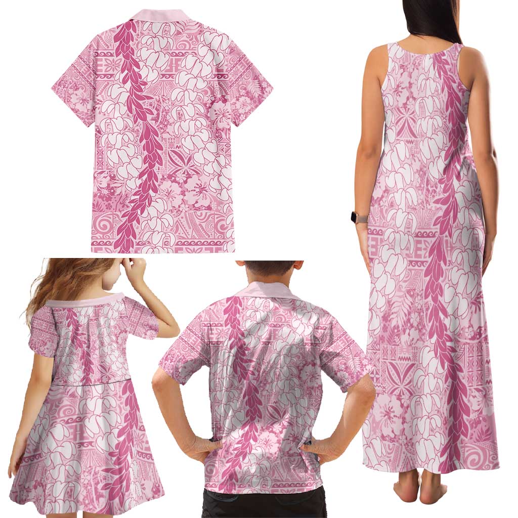 Pink Puakenikeni and Maile Lei Family Matching Tank Maxi Dress and Hawaiian Shirt Hawaiian Style Tribal Tapa Double Strand Lei LT9 - Polynesian Pride