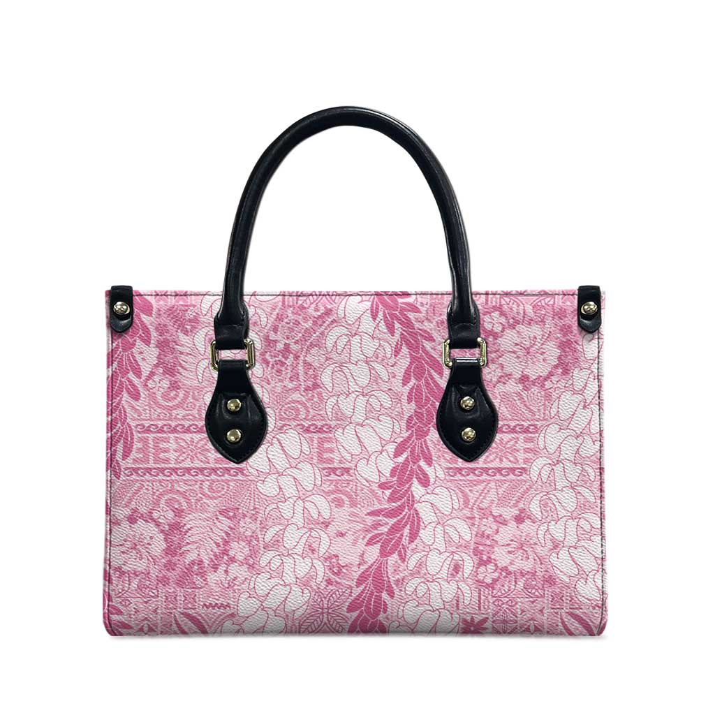 Pink Puakenikeni and Maile Lei Leather Bag Hawaiian Style Tribal Tapa Double Strand Lei - Polynesian Pride