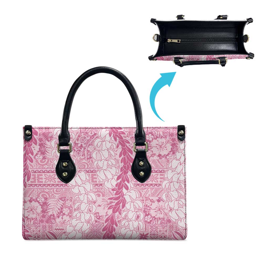 Pink Puakenikeni and Maile Lei Leather Bag Hawaiian Style Tribal Tapa Double Strand Lei - Polynesian Pride