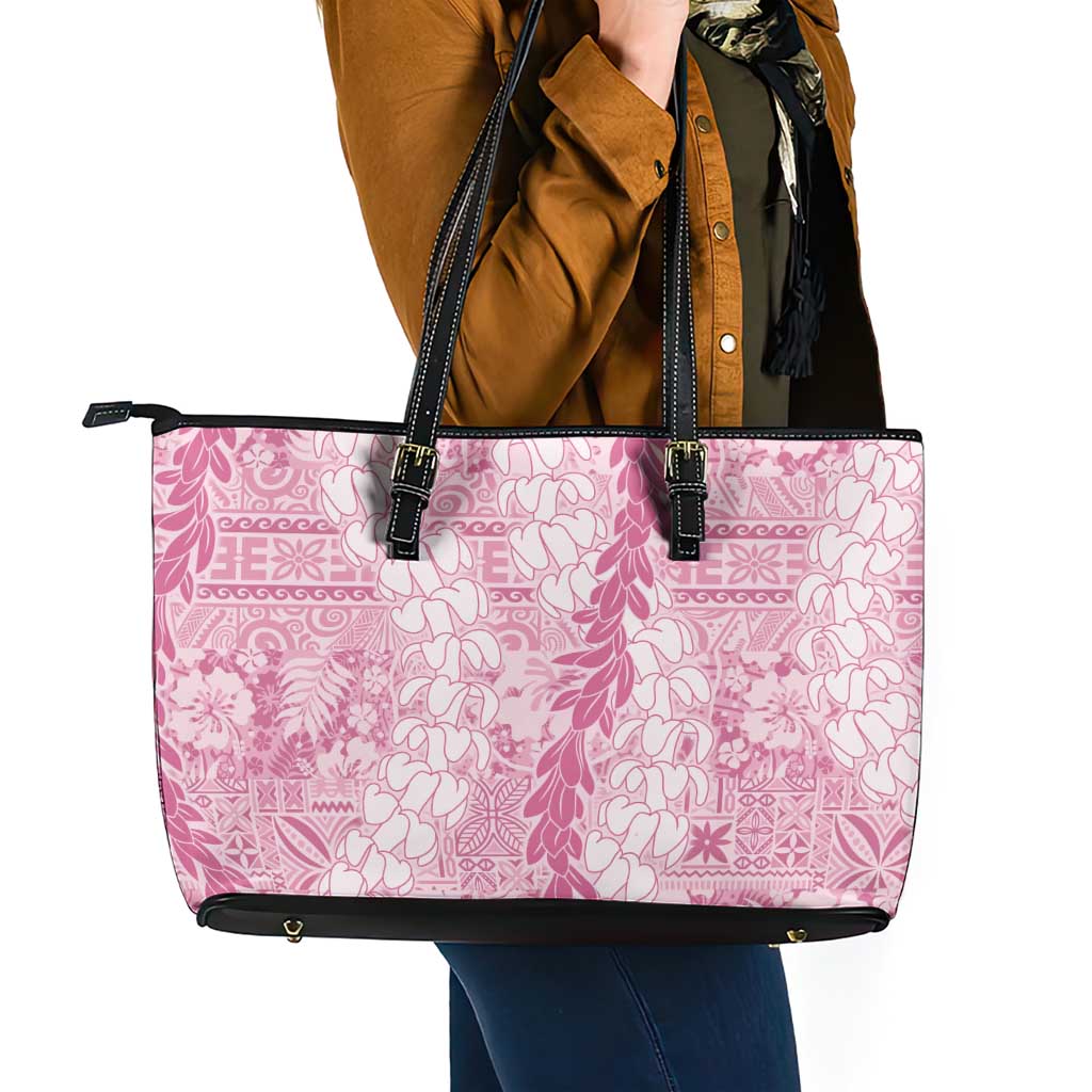 Pink Puakenikeni and Maile Lei Leather Tote Bag Hawaiian Style Tribal Tapa Double Strand Lei