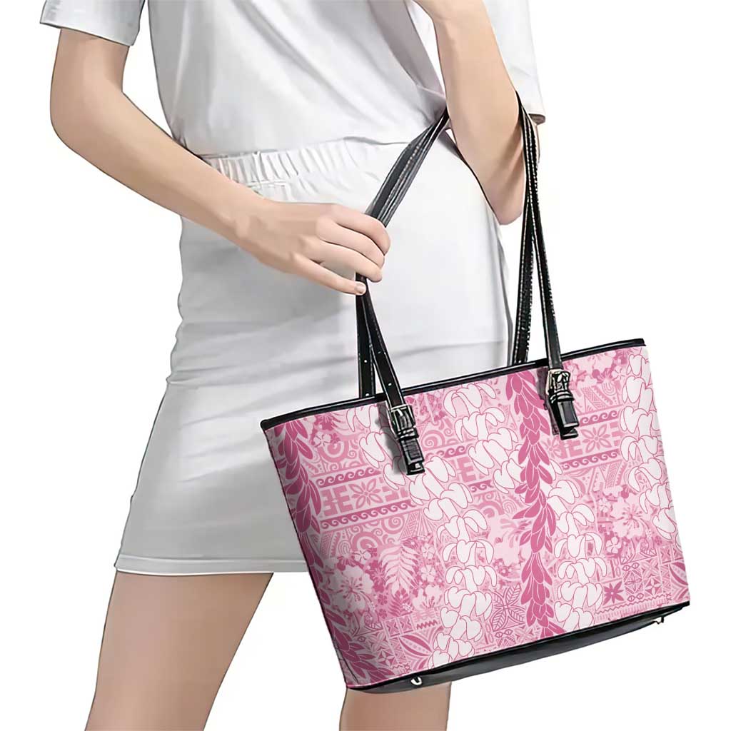 Pink Puakenikeni and Maile Lei Leather Tote Bag Hawaiian Style Tribal Tapa Double Strand Lei