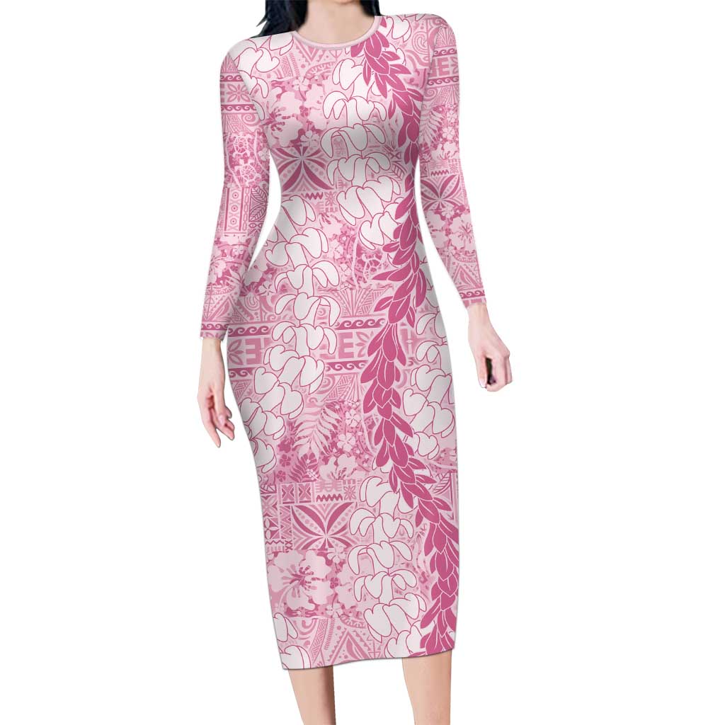 Pink Puakenikeni and Maile Lei Long Sleeve Bodycon Dress Hawaiian Style Tribal Tapa Double Strand Lei LT9 Long Dress Pink - Polynesian Pride