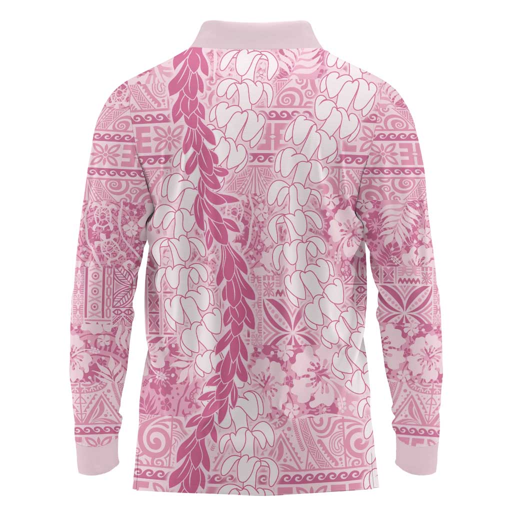 Pink Puakenikeni and Maile Lei Long Sleeve Polo Shirt Hawaiian Style Tribal Tapa Double Strand Lei LT9 - Polynesian Pride
