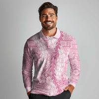 Pink Puakenikeni and Maile Lei Long Sleeve Polo Shirt Hawaiian Style Tribal Tapa Double Strand Lei LT9 - Polynesian Pride