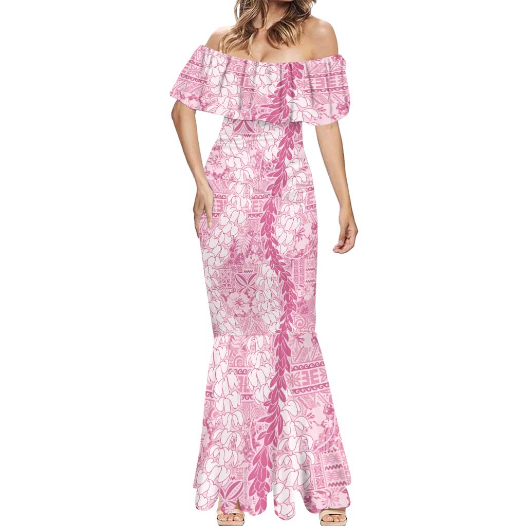 Pink Puakenikeni and Maile Lei Mermaid Dress Hawaiian Style Tribal Tapa Double Strand Lei LT9 - Polynesian Pride