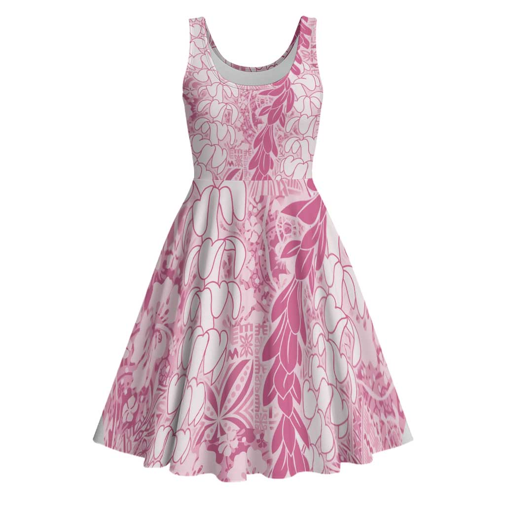 Pink Puakenikeni and Maile Lei Midi Dress Hawaiian Style Tribal Tapa Double Strand Lei LT9 Pink - Polynesian Pride