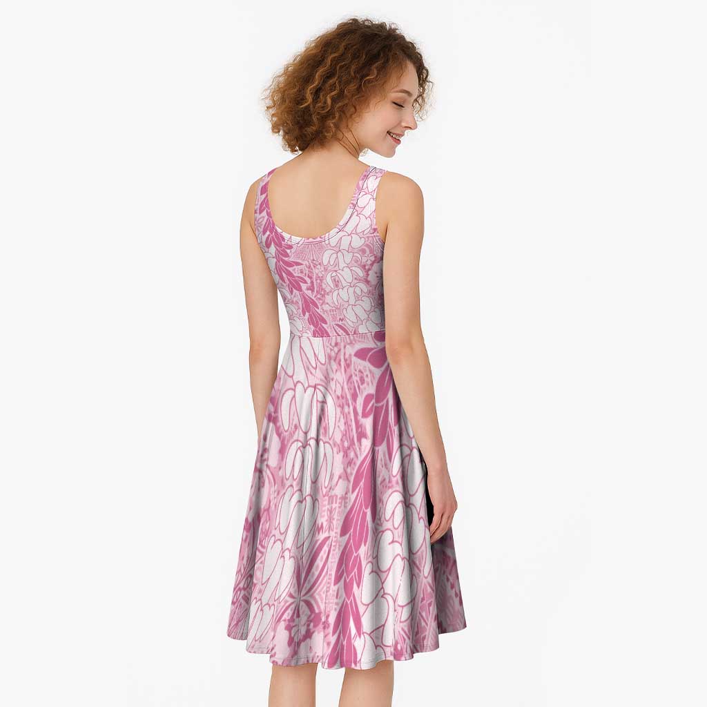 Pink Puakenikeni and Maile Lei Midi Dress Hawaiian Style Tribal Tapa Double Strand Lei LT9 - Polynesian Pride