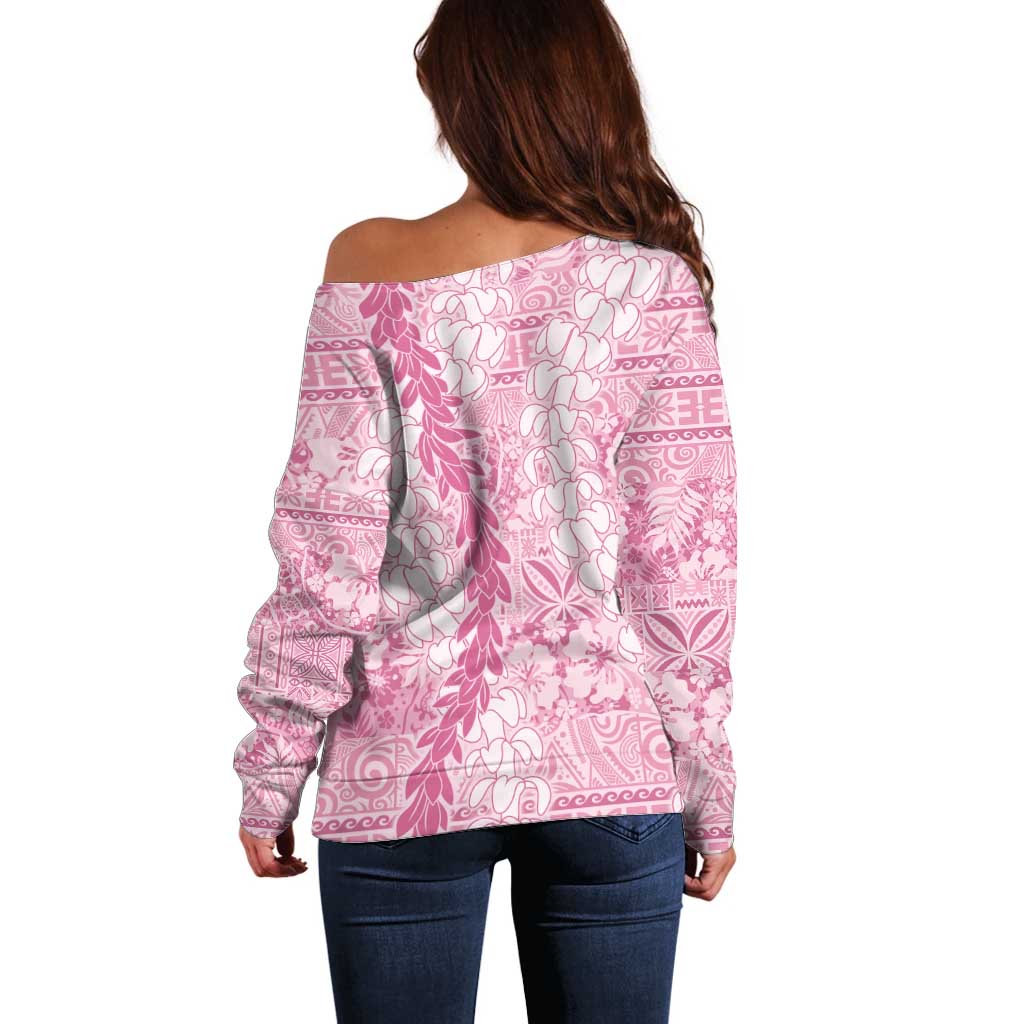 Pink Puakenikeni and Maile Lei Off Shoulder Sweater Hawaiian Style Tribal Tapa Double Strand Lei