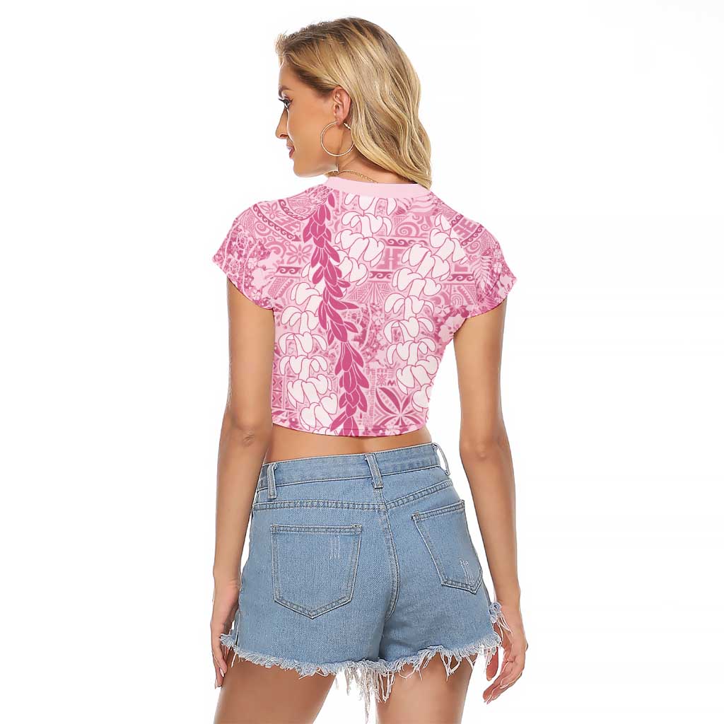 Pink Puakenikeni and Maile Lei Raglan Cropped T Shirt Hawaiian Style Tribal Tapa Double Strand Lei