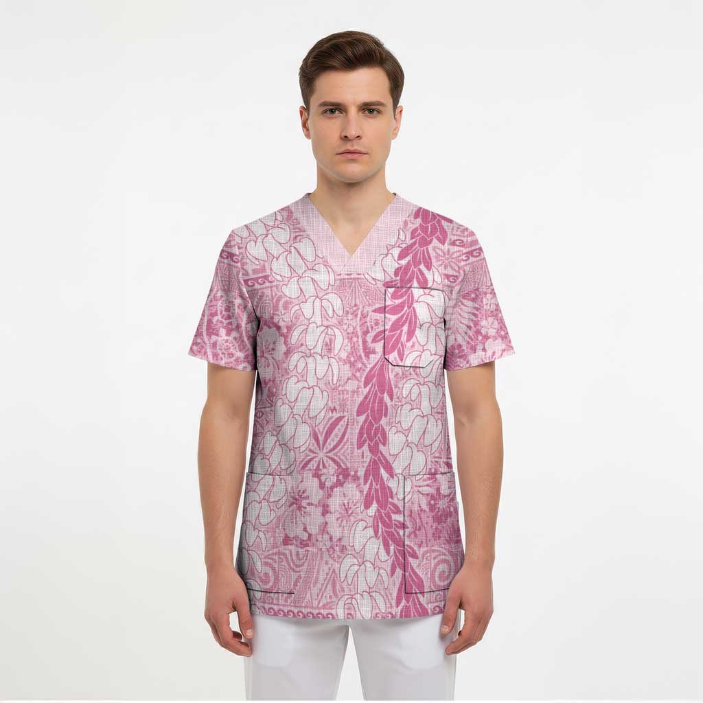 Pink Puakenikeni and Maile Lei Scrub Top Hawaiian Style Tribal Tapa Double Strand Lei - Polynesian Pride