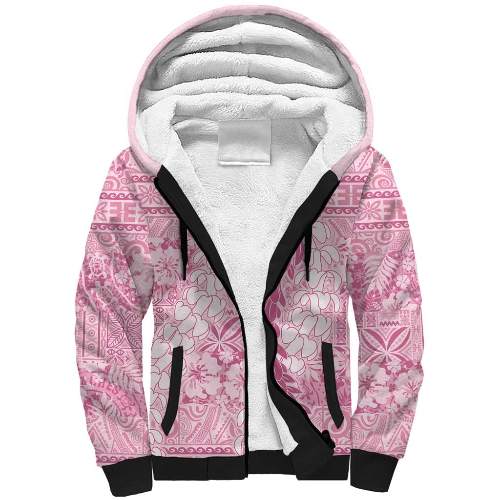 Pink Puakenikeni and Maile Lei Sherpa Hoodie Hawaiian Style Tribal Tapa Double Strand Lei LT9 Unisex Pink - Polynesian Pride