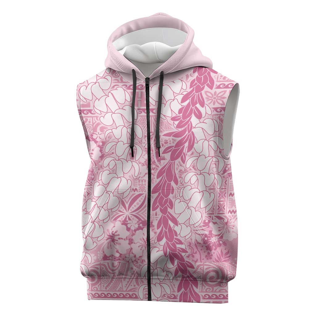 Pink Puakenikeni and Maile Lei Sleeveless Zip Hoodie Hawaiian Style Tribal Tapa Double Strand Lei LT9 Pink - Polynesian Pride