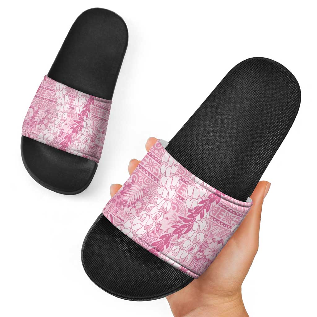 Pink Puakenikeni and Maile Lei Slide Sandals Hawaiian Style Tribal Tapa Double Strand Lei - Polynesian Pride