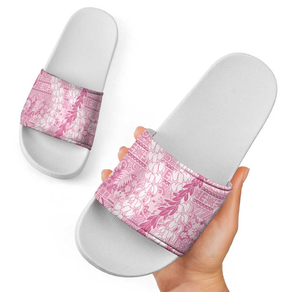 Pink Puakenikeni and Maile Lei Slide Sandals Hawaiian Style Tribal Tapa Double Strand Lei - Polynesian Pride