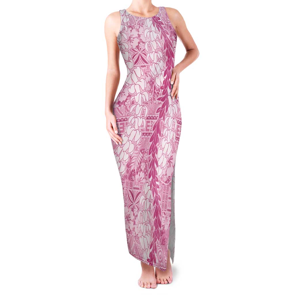 Pink Puakenikeni and Maile Lei Tank Maxi Dress Hawaiian Style Tribal Tapa Double Strand Lei LT9 Women Pink - Polynesian Pride
