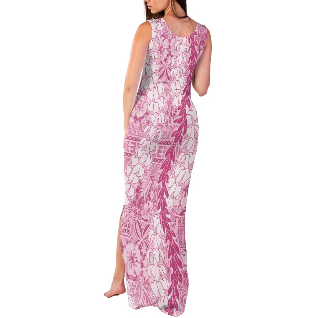 Pink Puakenikeni and Maile Lei Tank Maxi Dress Hawaiian Style Tribal Tapa Double Strand Lei LT9 - Polynesian Pride