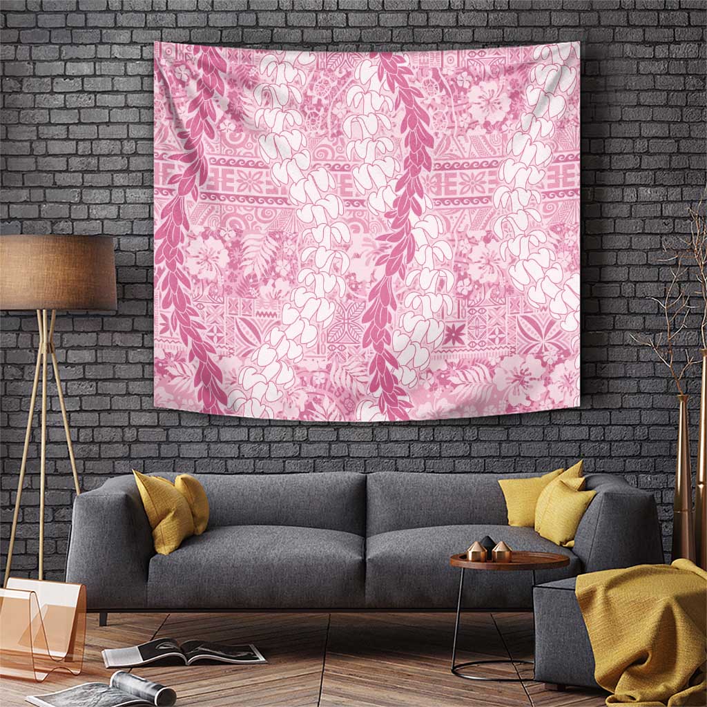 Pink Puakenikeni and Maile Lei Tapestry Hawaiian Style Tribal Tapa Double Strand Lei
