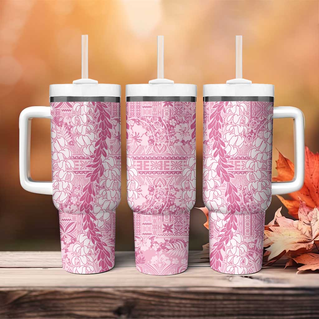 Pink Puakenikeni and Maile Lei Tumbler With Handle Hawaiian Style Tribal Tapa Double Strand Lei