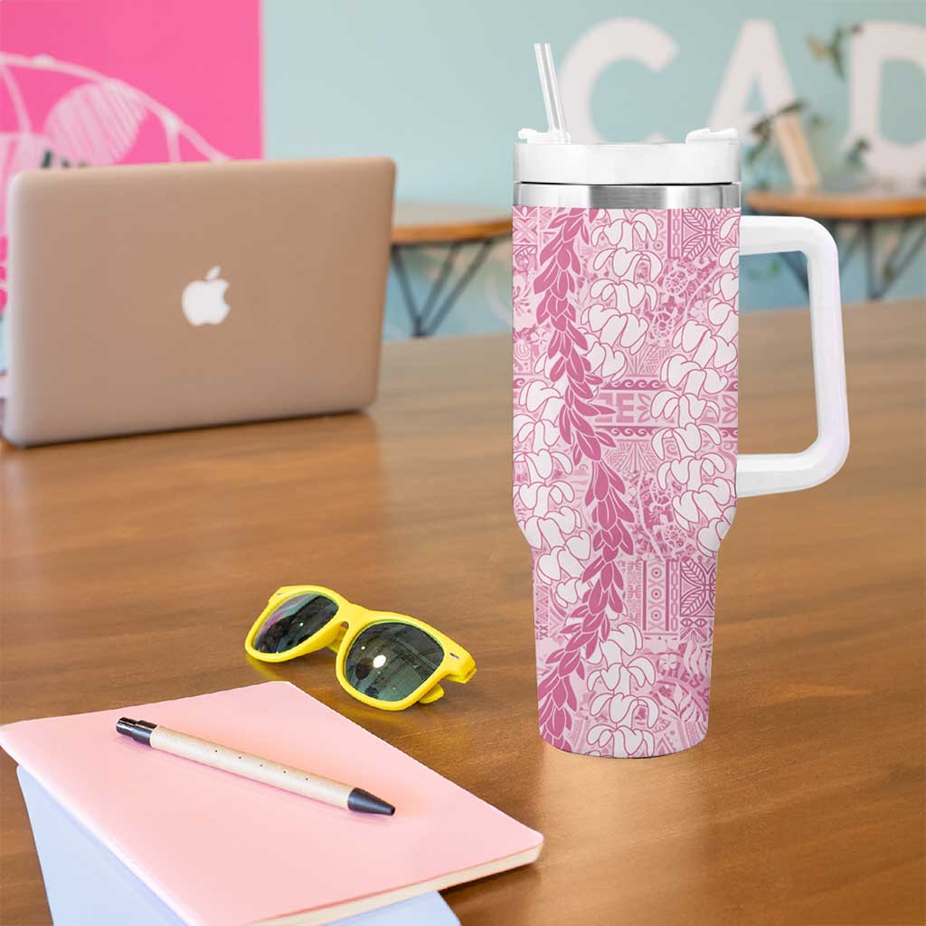 Pink Puakenikeni and Maile Lei Tumbler With Handle Hawaiian Style Tribal Tapa Double Strand Lei