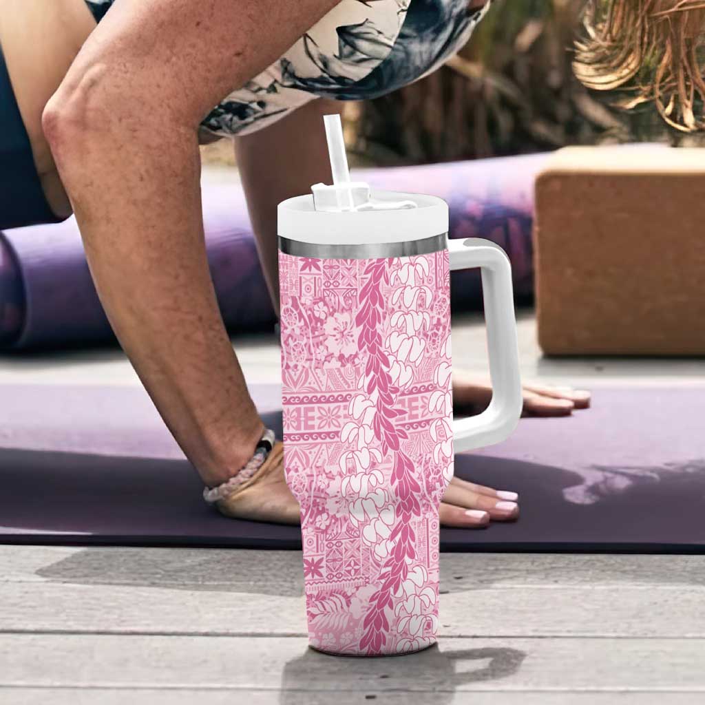 Pink Puakenikeni and Maile Lei Tumbler With Handle Hawaiian Style Tribal Tapa Double Strand Lei