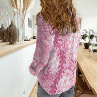 Pink Puakenikeni and Maile Lei Women Casual Shirt Hawaiian Style Tribal Tapa Double Strand Lei LT9 - Polynesian Pride