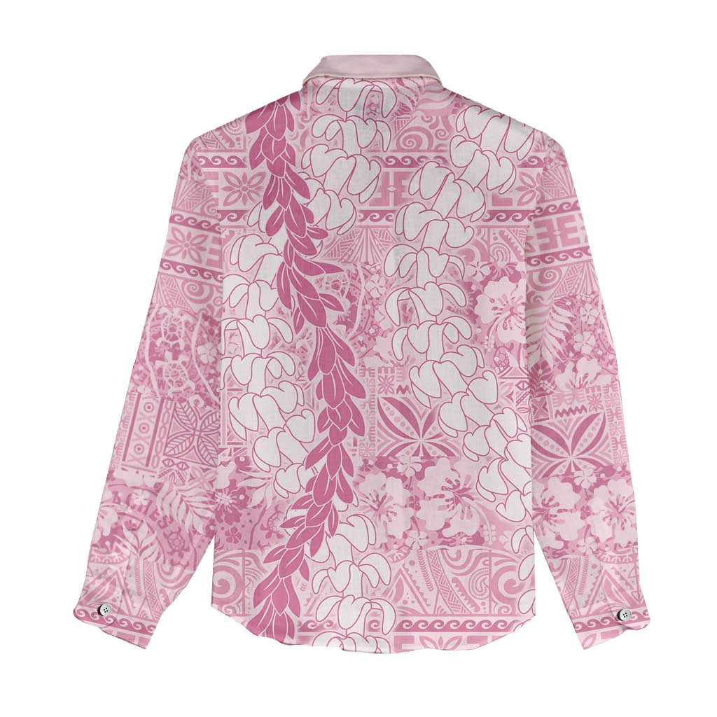 Pink Puakenikeni and Maile Lei Women Casual Shirt Hawaiian Style Tribal Tapa Double Strand Lei LT9 - Polynesian Pride