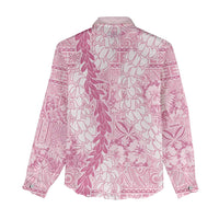 Pink Puakenikeni and Maile Lei Women Casual Shirt Hawaiian Style Tribal Tapa Double Strand Lei LT9 - Polynesian Pride