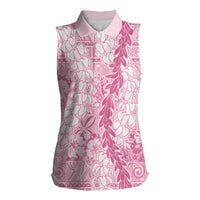 Pink Puakenikeni and Maile Lei Women Sleeveless Polo Shirt Hawaiian Style Tribal Tapa Double Strand Lei LT9 Female Pink - Polynesian Pride