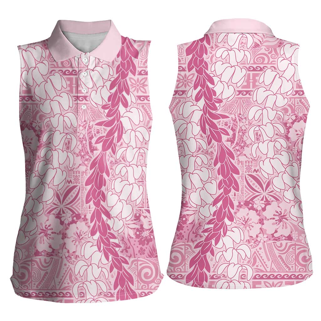 Pink Puakenikeni and Maile Lei Women Sleeveless Polo Shirt Hawaiian Style Tribal Tapa Double Strand Lei LT9 - Polynesian Pride