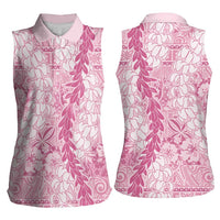 Pink Puakenikeni and Maile Lei Women Sleeveless Polo Shirt Hawaiian Style Tribal Tapa Double Strand Lei LT9 - Polynesian Pride