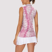 Pink Puakenikeni and Maile Lei Women Sleeveless Polo Shirt Hawaiian Style Tribal Tapa Double Strand Lei LT9 - Polynesian Pride