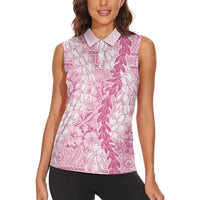 Pink Puakenikeni and Maile Lei Women Sleeveless Polo Shirt Hawaiian Style Tribal Tapa Double Strand Lei LT9 - Polynesian Pride
