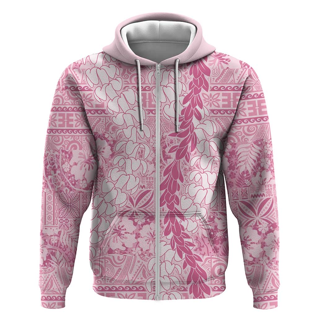 Pink Puakenikeni and Maile Lei Zip Hoodie Hawaiian Style Tribal Tapa Double Strand Lei LT9 Zip Hoodie Pink - Polynesian Pride