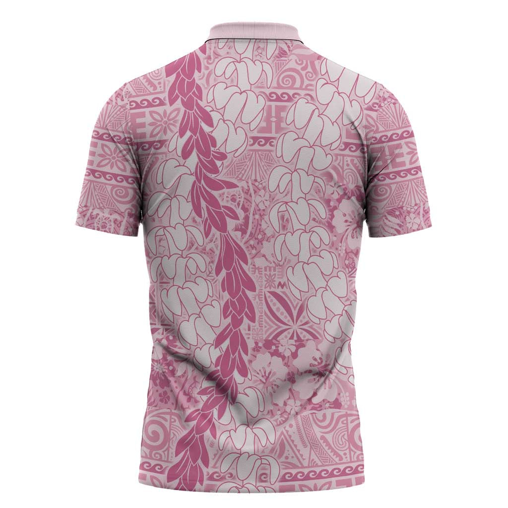 Pink Puakenikeni and Maile Lei Zipper Polo Shirt Hawaiian Style Tribal Tapa Double Strand Lei LT9 - Polynesian Pride