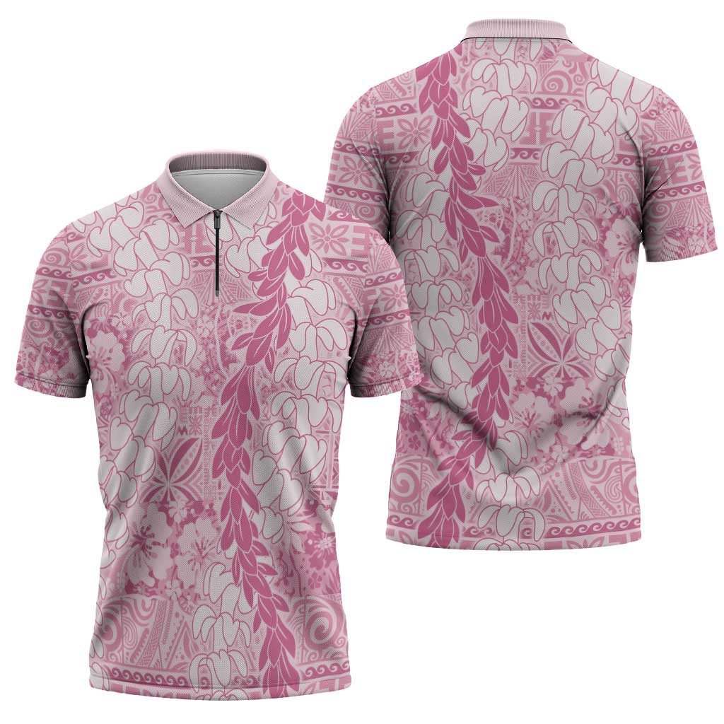Pink Puakenikeni and Maile Lei Zipper Polo Shirt Hawaiian Style Tribal Tapa Double Strand Lei LT9 - Polynesian Pride