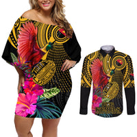 Personalised Papua New Guinea Rugby Couples Matching Off Shoulder Short Dress and Long Sleeve Button Shirt PNG Kumuls Champions Pacific Bowl LT9 Gold - Polynesian Pride