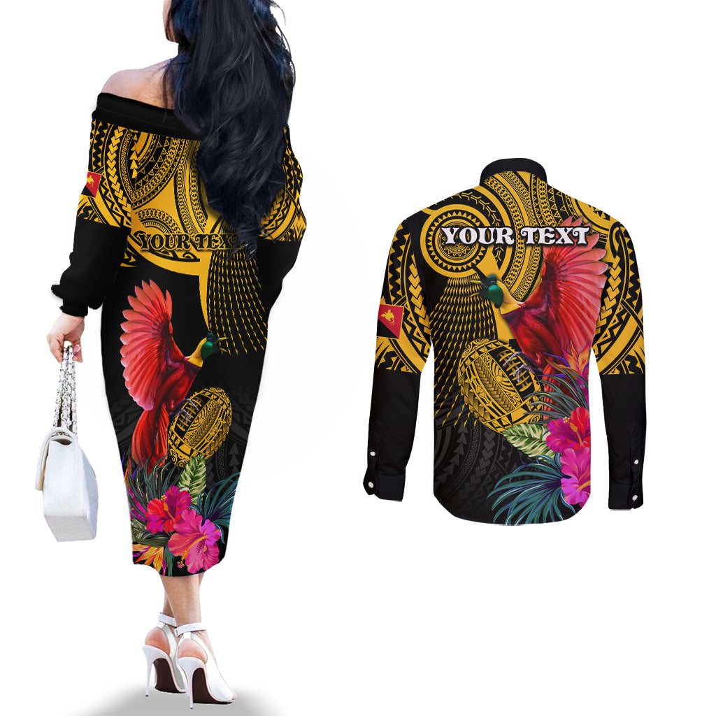 Personalised Papua New Guinea Rugby Couples Matching Off The Shoulder Long Sleeve Dress and Long Sleeve Button Shirt PNG Kumuls Champions Pacific Bowl LT9 - Polynesian Pride