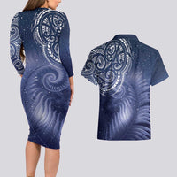 New Zealand Galaxy Fern Couples Matching Long Sleeve Bodycon Dress and Hawaiian Shirt LT9 - Polynesian Pride