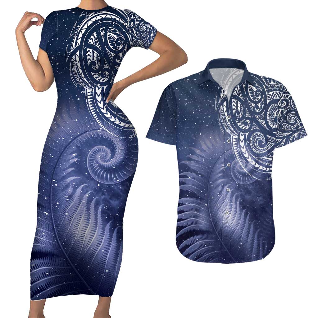 New Zealand Galaxy Fern Couples Matching Short Sleeve Bodycon Dress and Hawaiian Shirt LT9 Galaxy - Polynesian Pride