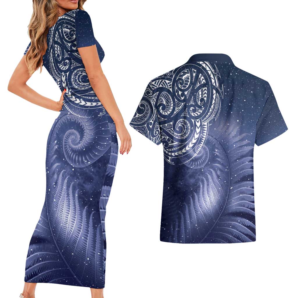New Zealand Galaxy Fern Couples Matching Short Sleeve Bodycon Dress and Hawaiian Shirt LT9 - Polynesian Pride
