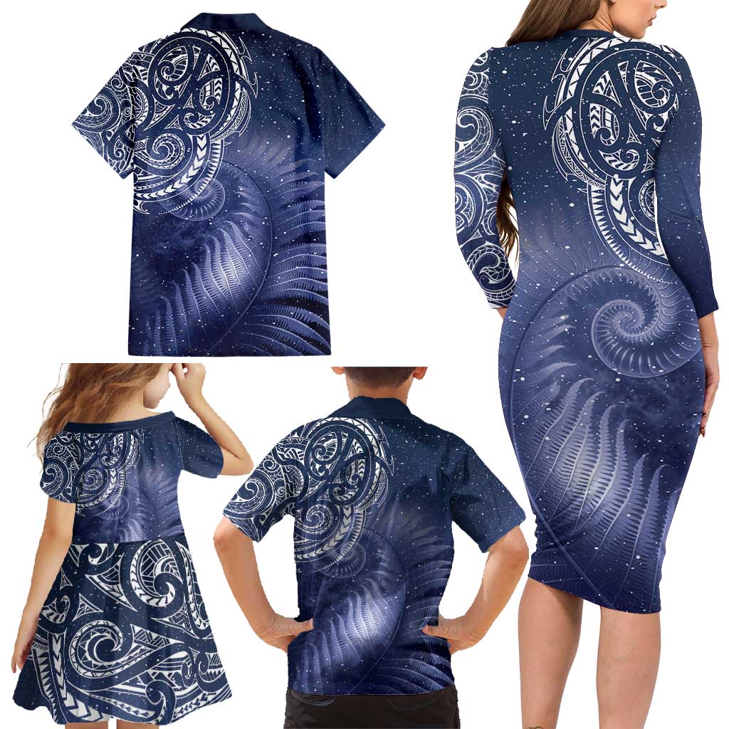 New Zealand Galaxy Fern Family Matching Long Sleeve Bodycon Dress and Hawaiian Shirt LT9 - Polynesian Pride