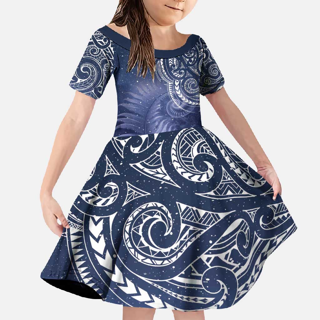 New Zealand Galaxy Fern Family Matching Off Shoulder Maxi Dress and Hawaiian Shirt LT9 Daughter's Dress Galaxy - Polynesian Pride