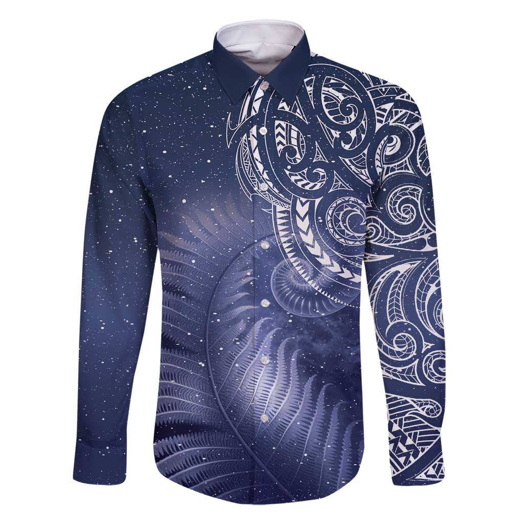 New Zealand Galaxy Fern Family Matching Off Shoulder Maxi Dress and Hawaiian Shirt LT9 Dad's Shirt - Long Sleeve Galaxy - Polynesian Pride