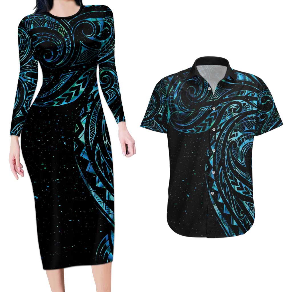 New Zealand Tribal Tattoo Couples Matching Long Sleeve Bodycon Dress and Hawaiian Shirt With Matariki Art LT9 Galaxy - Polynesian Pride