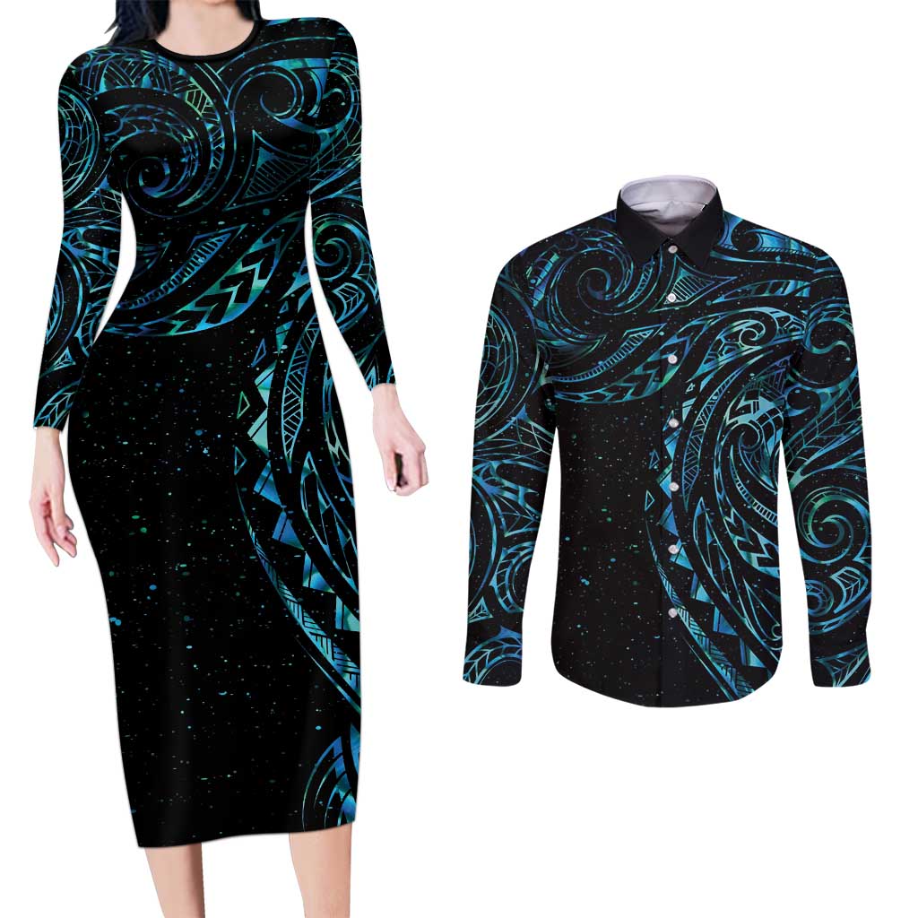 New Zealand Tribal Tattoo Couples Matching Long Sleeve Bodycon Dress and Long Sleeve Button Shirt With Matariki Art LT9 Galaxy - Polynesian Pride