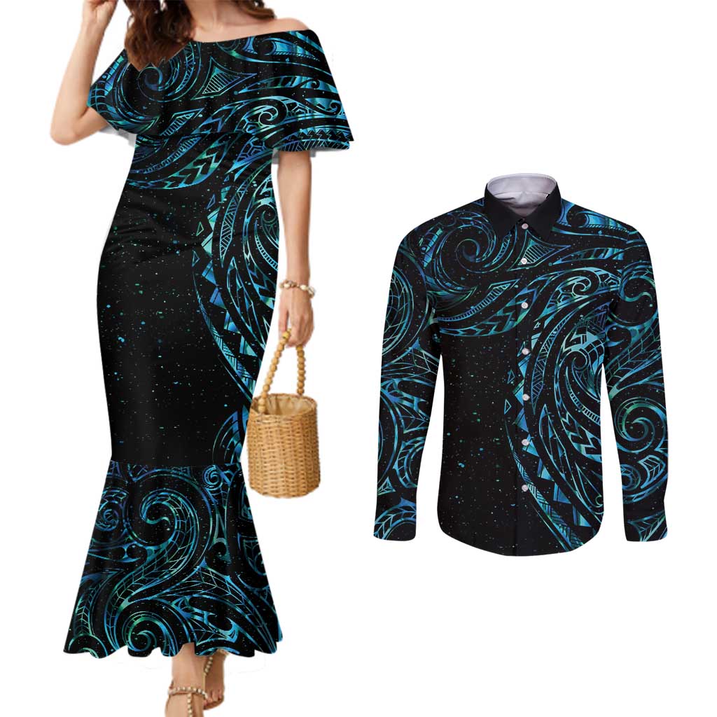 New Zealand Tribal Tattoo Couples Matching Mermaid Dress and Long Sleeve Button Shirt With Matariki Art LT9 Galaxy - Polynesian Pride