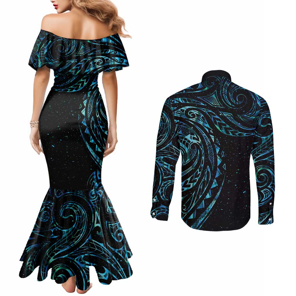 New Zealand Tribal Tattoo Couples Matching Mermaid Dress and Long Sleeve Button Shirt With Matariki Art LT9 - Polynesian Pride